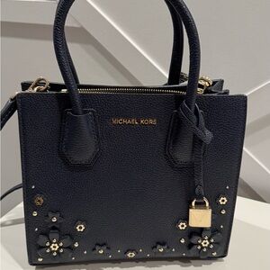 Michael Kors Mercer Floral Embellished Leather Crossbody Bag Navy Blue